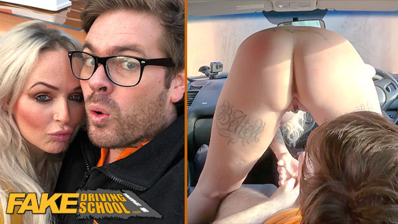 Fake Driving School - Hot Briitsh blonde with large tits sex in a car